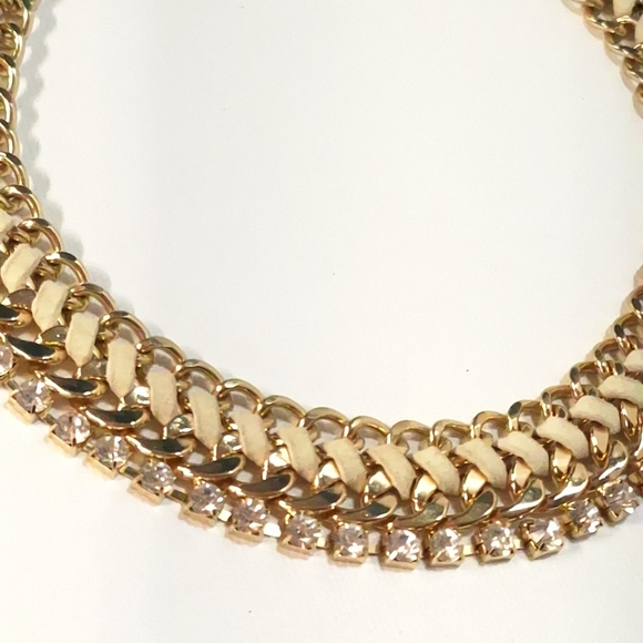 Gold Tone Chain Leather Crystal Rhinestone Chunky Necklace - Picture 5 of 9